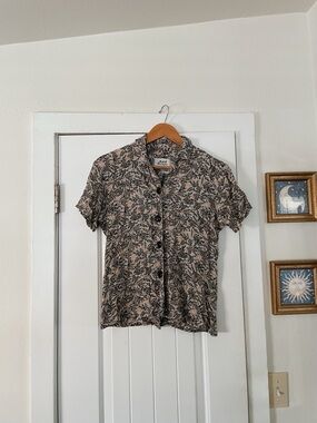 FLAX by Jeanne Engelhart Women's Short-Sleeve Botanical Shirt Sz Small Boho EUC